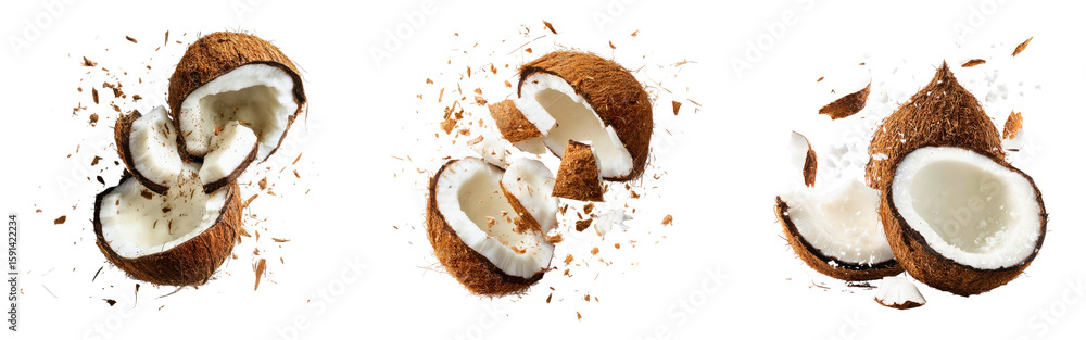 Poster set of coconuts broken into chunks showing fibrous textures and rough surfaces isolated on a white o