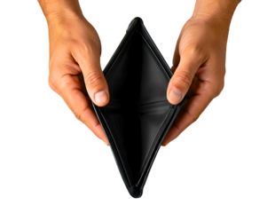 Hands holding an empty black wallet isolated on transparent background