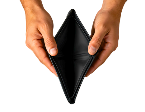 Hands holding an empty black wallet isolated on transparent background