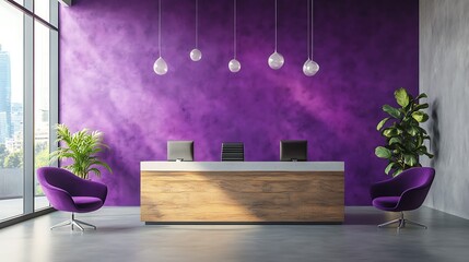 Modern office reception area design purple wall interior design furniture plants lighting contemporary style space