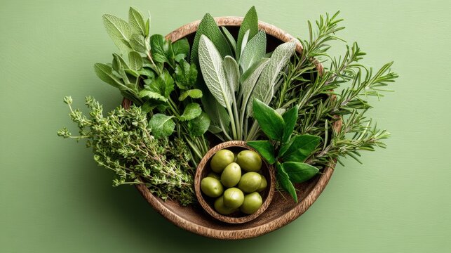 Herb Garden Bounty: A captivating overhead view of a wooden bowl brimming with a vibrant assortment of aromatic culinary herbs and fresh olives, showcasing the beauty of nature's bounty.