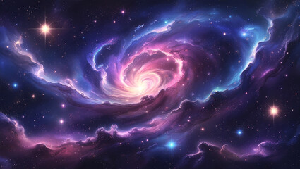 Vibrant space nebula with swirling galaxies and glowing stars in harmonious shades of deep blue, purple, and pink — a colorful and surreal cosmic background.