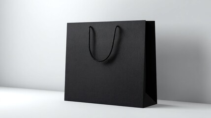 A sleek, black paper shopping bag with black twisted rope handles sits on a white surface against a white background