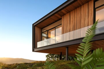 Fototapeta premium Modern Wooden House with Glass Walls Surrounded by Lush Greenery