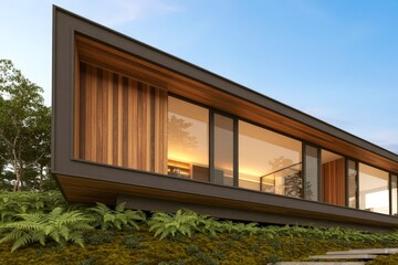 Fototapeta premium Modern Wooden House with Glass Walls Surrounded by Lush Greenery