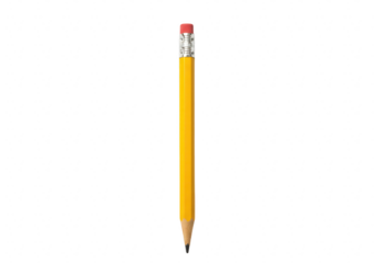 A sharpened yellow wooden pencil with a red eraser, isolated on a transparent background