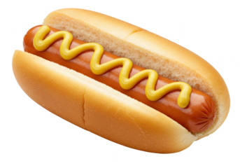 A delicious hot dog in a soft bun, topped with a wavy squiggle of yellow mustard, isolated on white isolated on transparent background