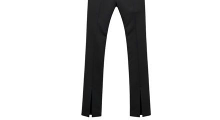 Dark trousers with side slits.