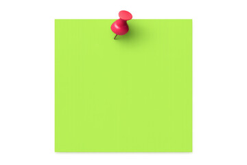 Green pushpin fastening blank light green note against transparent surface, highlighting minimalist communication and organizational concept
