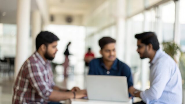 Blurred Background of Indian Startup Team Discussing Data Management System
