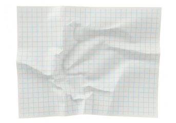 A crumpled sheet of white paper with a blue grid pattern, isolated on a transparent background