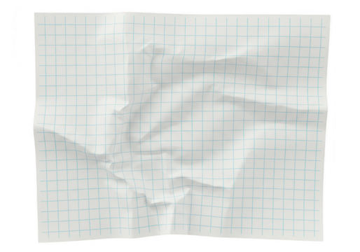 A crumpled sheet of white paper with a blue grid pattern, isolated on a transparent background - Powered by Adobe