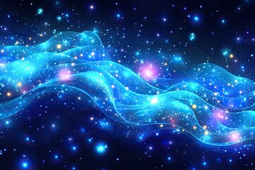 Fototapeta premium A celestial blue wave glows brightly, surrounded by sparkling stars in the dark night sky