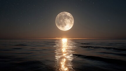 Full Moon Over Ocean: A serene night scene featuring a full moon rising majestically over a calm ocean, its light reflected in the tranquil water.