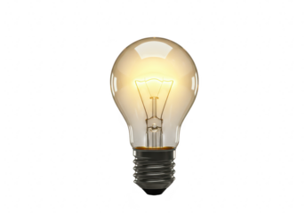 A glowing incandescent lightbulb symbolizing a bright idea and innovation, isolated on a transparent background