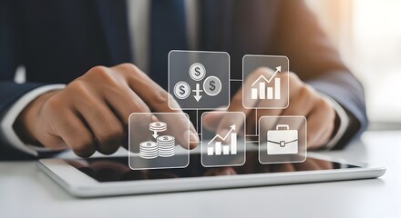 Businessman analyzing financial data and investment growth using tablet with digital money transfer, income, chart and portfolio icons – fintech and economic strategy concept