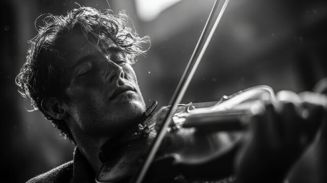 Violinist lost in music: A young man with curly hair, eyes closed in concentration, passionately plays the violin in black and white photo, creating music that fills the soul.