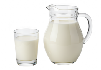 A glass pitcher and a glass filled with creamy white milk, isolated against a transparent background