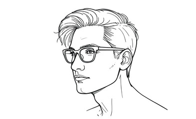 Minimal Man Line Art  View Face with Glasses Vector Outline