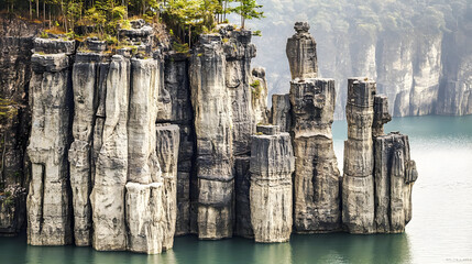 Dramatic rock formations rise from a calm lake.  Vertical columns of dark and light gray rock jut out of the water,  surrounded by a misty, forested shoreline