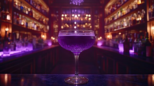 Elegant purple drink rests on a bar with soft lighting and a blurred bottle backdrop