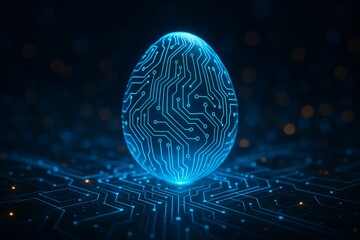 Futuristic Easter egg with circuit board pattern on dark background with glowing lights. Digital transformation concept for holiday. Technology and tradition blend. 