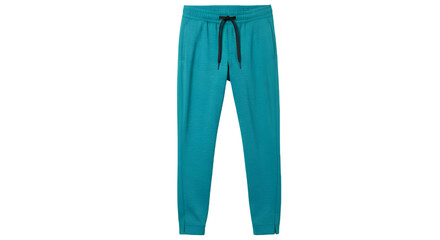 Teal drawstring pants displayed against a black background.