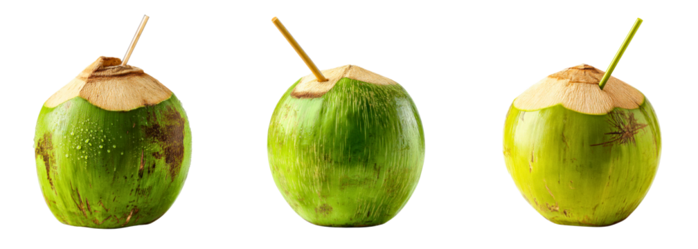 Set of young green coconuts with drinking straws inserted for refreshing beverages isolated on a white or transparent background