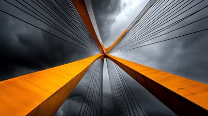 Orange bridge cables against stormy sky, urban scene, architecture
