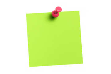 Green sticky note affixed with red push pin, providing clean visual space for messaging against transparent background, ready for personal communication