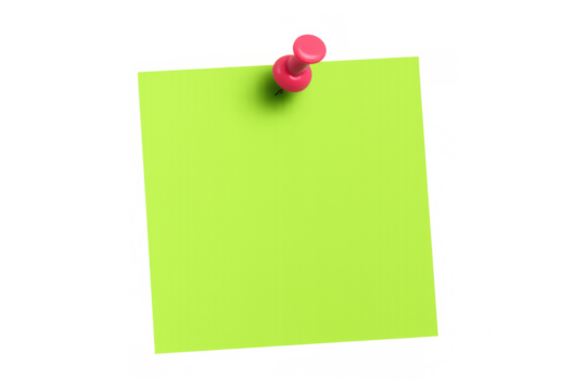 Green sticky note affixed with red push pin, providing clean visual space for messaging against transparent background, ready for personal communication