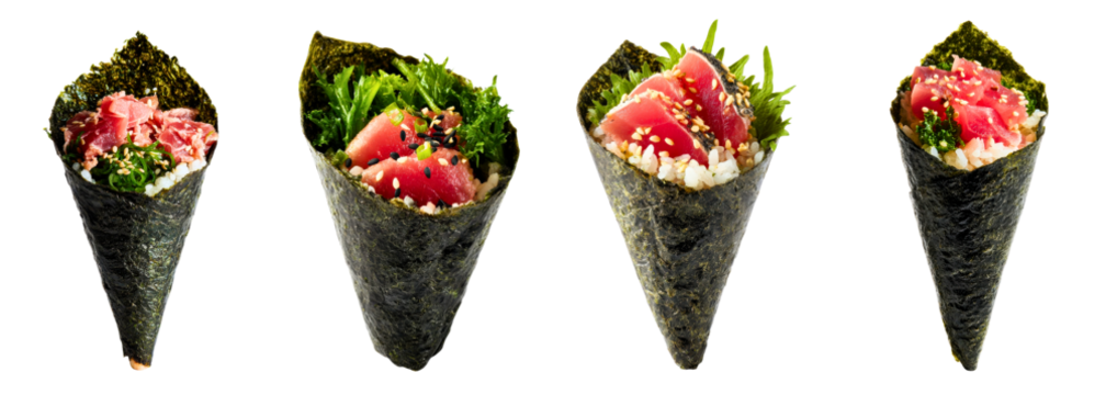 Set of hand-rolled temaki sushi cones with tuna rice and seaweed fillings isolated on a white or transparent background