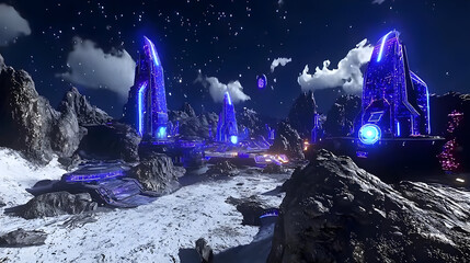 Futuristic landscape at night with crystalline structures.  Rocky terrain, snow, and vibrant blue light illuminate futuristic towers