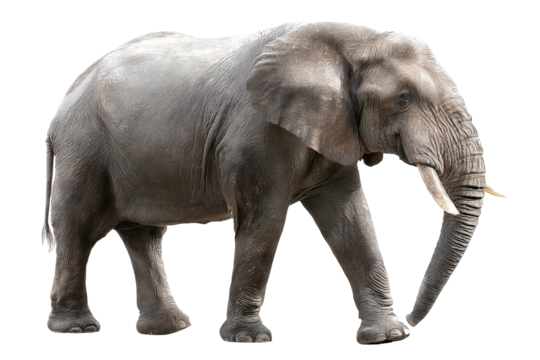 Majestic high‑resolution full‑body elephant transparent‑background PNG cutout for seamless wildlife branding, safari‑themed graphic design, educational posters, presentations, and e‑commerce mockups