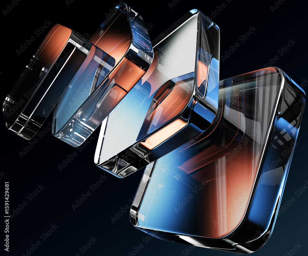 Poster abstract black 3d background with glass transparent square plate shapes row render. iridescent cryst