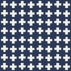 A repeating pattern of white plus signs is arranged against a dark blue background, creating a uniform geometric design. The simplicity and symmetry give the pattern a modern and clean aesthetic.