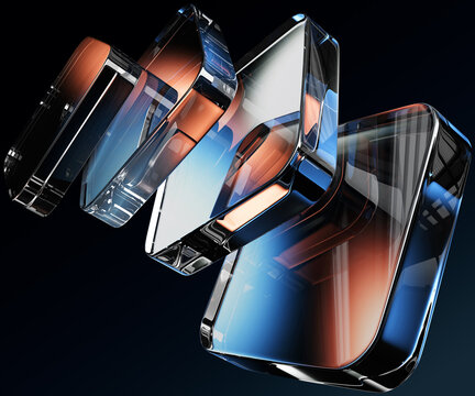 Abstract black 3d background with glass transparent square plate shapes row render. Iridescent crystal cube block pattern with terracotta blue gradient. Futuristic digital tech banner. 3D illustration