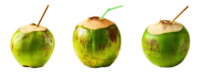 Collection of green coconuts with straws inserted ready for drinking isolated on a white or transparent background