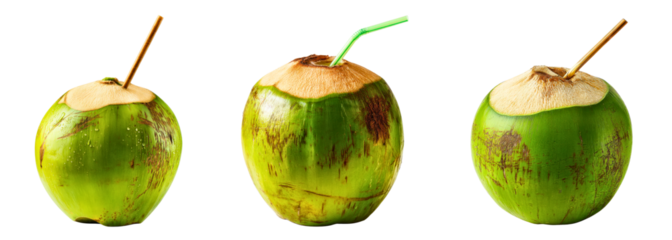 Collection of green coconuts with straws inserted ready for drinking isolated on a white or transparent background