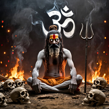 Aghori Sadhu Meditating Amidst Fire and Skulls &ndash; Trident and Om Symbol Behind.
A powerful digital artwork portraying an Aghori Sadhu in deep meditation surrounded by fire, skulls, and spiritual smoke.