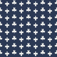 A repeating pattern of white birds and cross shape figures is set against a dark blue background, creating a uniform and orderly design. The symmetrical arrangement adds a sense of rhythm and balance 