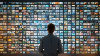 Man Gazing at a Wall of Screens: A man stands captivated, his back to the viewer, gazing at a vast wall of illuminated screens. This evocative image encapsulates the themes of information, media.