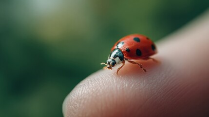 Ladybug's Tiny Stance: A close-up shot of a ladybug resting delicately on a human finger, showcasing the vibrant red and black spots and a gentle touch of nature.