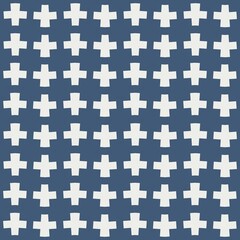Repeating pattern of white cross shapes appears against a blue background, creating a uniform and structured design. The arrangement forms a symmetrical grid, offering a clean and minimalist aesthetic