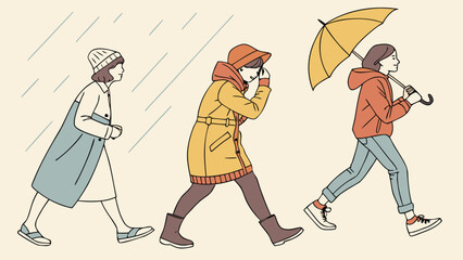 Stylish Women Walking in the Rain:  A Minimalist Line Art Illustration Featuring Three Figures, One with an Umbrella, Showcasing Autumnal Fashion and a Serene Rainy Day Mood.