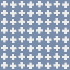 A repeating pattern of white plus signs is set against a muted blue background. The arrangement creates a uniform grid, with each plus sign consistently spaced from one another.