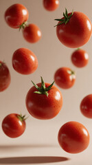 Falling Tomatoes Red, Juicy, Ripe, Fresh, Organic, Suspended, Delicious, Vibrant, Culinary