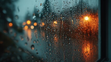 A peaceful indoor scene with raindrops on a closed window and soft natural lighting, expressing interior calm, emotional depth, and the serene mood of a rainy afternoon.
