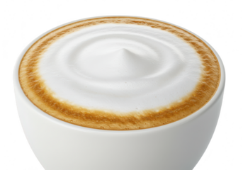 A closeup view of a delicious cappuccino with frothy milk and a swirl pattern, isolated on a transparent background
