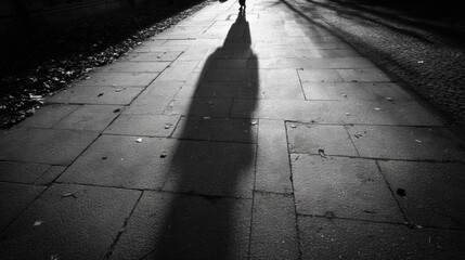 Shadowy Stroll: A solitary figure casts a long shadow on a textured pavement, disappearing down a road at night, shrouded in darkness and mystery. Capturing the essence of solitude, enigma.